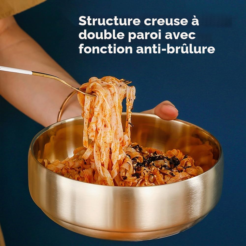 SANQIAHOME 47oz/8.3" Saladier en acier inoxydable de qualité 2pcs/set - Double paroi anti-brûlure, lavable au lave-vaisselle, grand bol de service pour la famille Bol à soupe doré de grande capacité