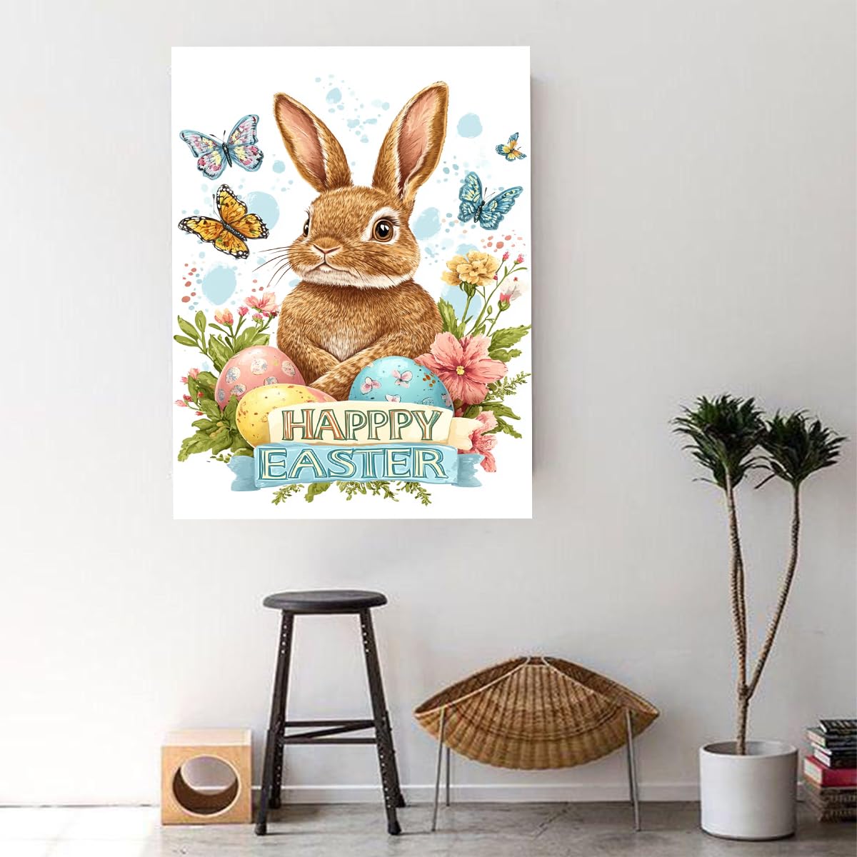Vibrante estampado de conejo de Pascua en lienzo Mariposas voladoras Imágenes Estampado de flores primaverales Huevos moteados Arte para la decoración del apartamento de la biblioteca 60x90cm