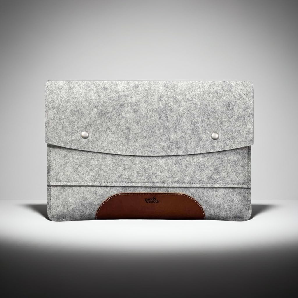 Pack & Smooch MacBook Pro 16 Funda Fieltro Gris/Marrón Claro | 100% Fieltro de lana | Cuero curtido vegetal | Compatible con MacBook Pro 16 | Hampshire