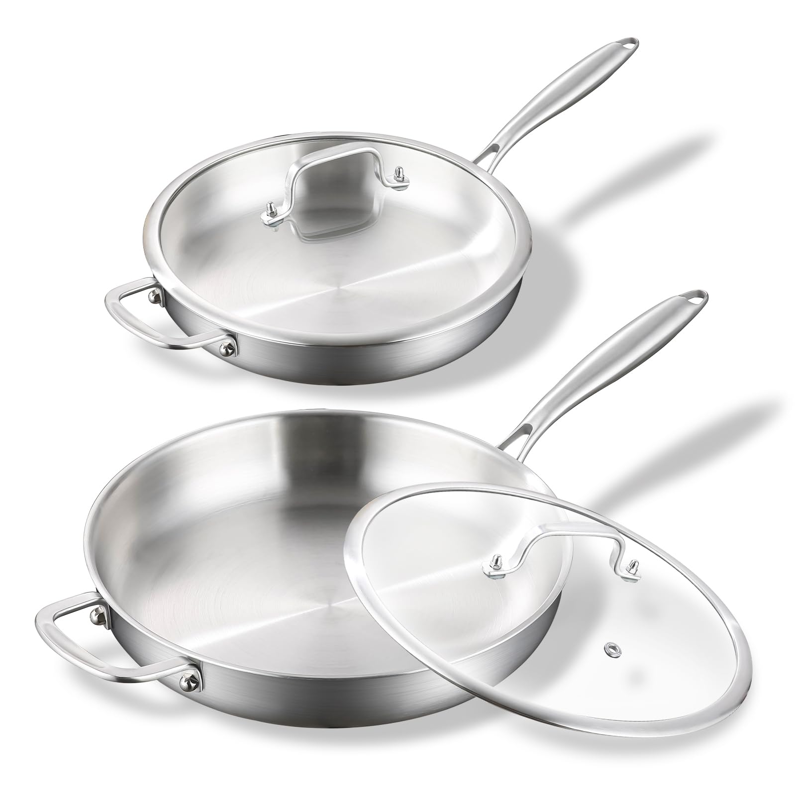 DELARLO Tri-ply Stainless Steel Kitchen Cookware Frying Pan Set with Lid 12" 14" Induction large Skillets Chef's Pan,Pots and Pans Set Kitchen Cookware Set Suitable for All Stove