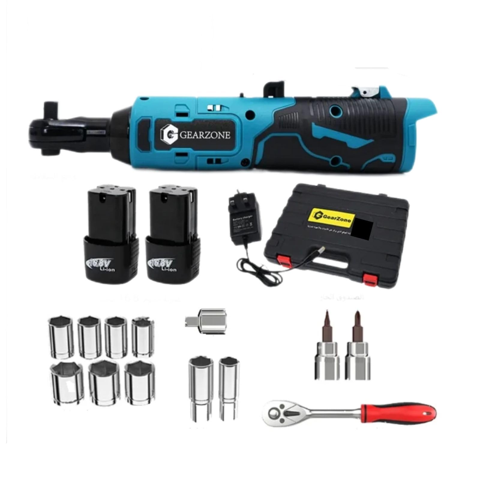GearZone16.8 Cordless Ratchet Wrench Kit(18pcs), Power Ratchet with Variable Speed and LED Light, including two Lithium Batteries