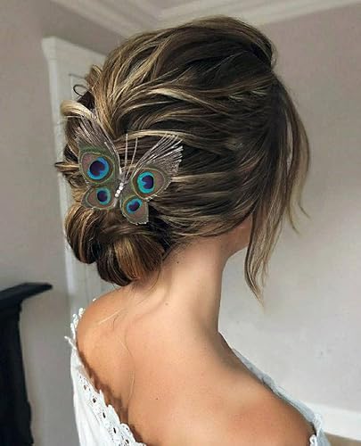 Fashey 1920S Accessories For Women Peacock Feather Headpiece Flapper Headband Gatsby Headpiece Peacock Feather Hair Pin Butterfly Feather Hair Clips Rhinestone Headpiece Feather Barrette Prom Hair Accessories For Women And Girls #TOP4