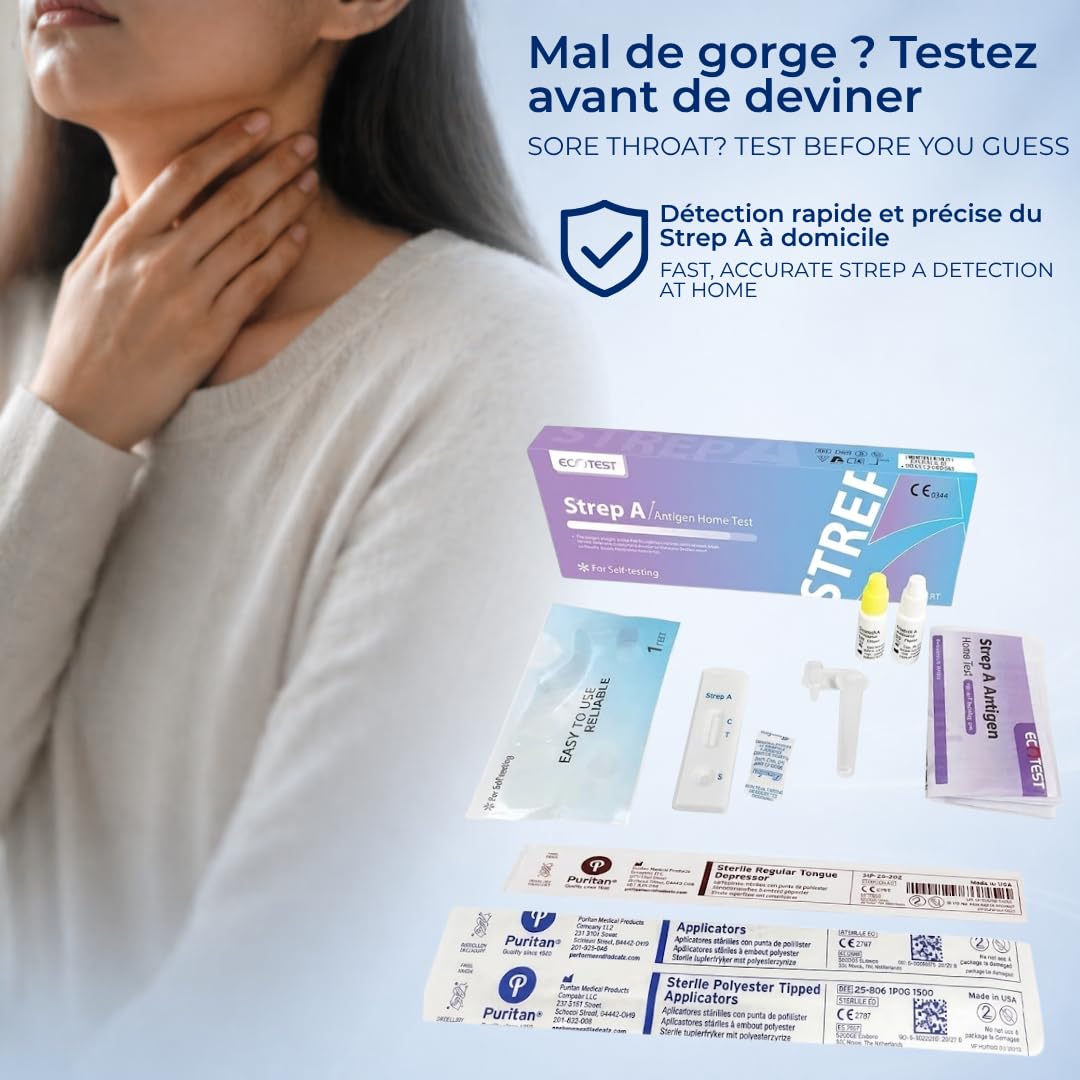 Strep A Antigen Home Test – Autotest Rapide pour Détection du Streptocoque A – Résultats Fiables en 5 Minutes – Haute Précision 97,5% – Certifié CE 0344 – Kit Facile à Utiliser à Domicile