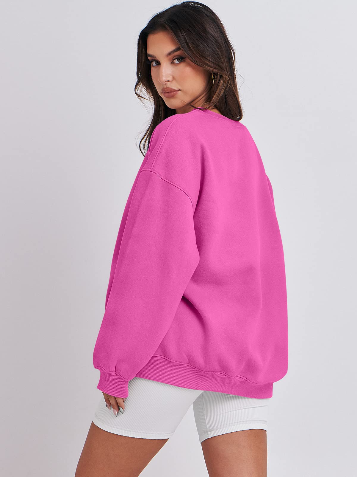 Damskie bluzy oversize bluzy z kapturem polar okrągły dekolt sweter top codzienne jesienne stroje preppy ubrania nastolatki 2024 A1019 światło, Jeden kolor, Pink_XL