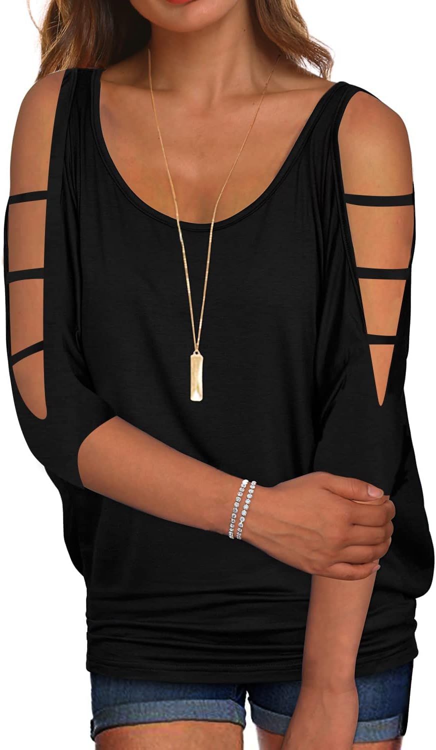 Miselon Women Cold Shoulder O-Neck Short Sleeve Loose Fit Summer Shirt Blouse Tops