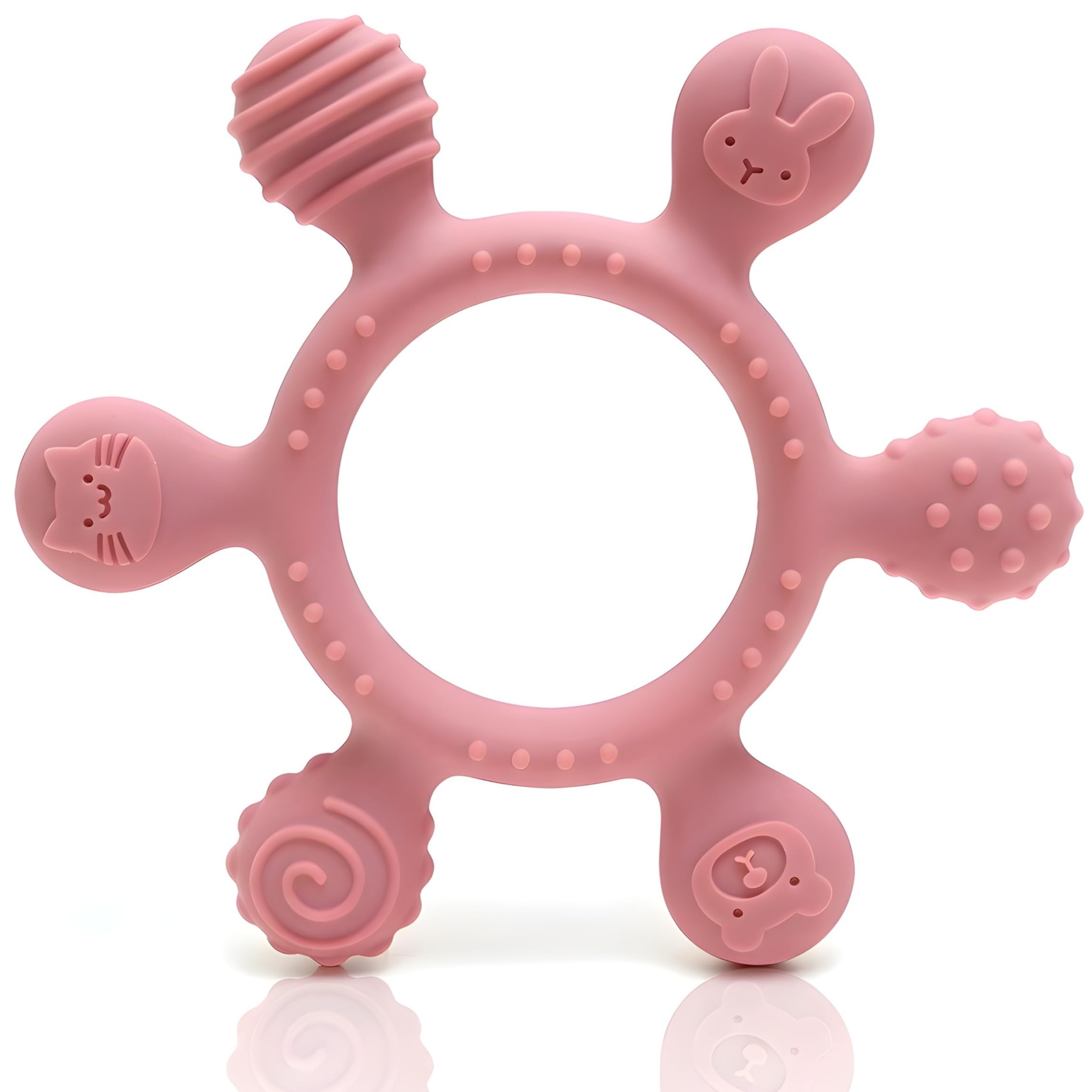 CAJA Beißring Baby BPA freie Zahnungshilfe Beißspielzeug aus Silikon Greifring mit Motiven sicheres sensorisches Babyspielzeug Geschenkidee zur Geburt Jungen Mädchen (deep pink)
