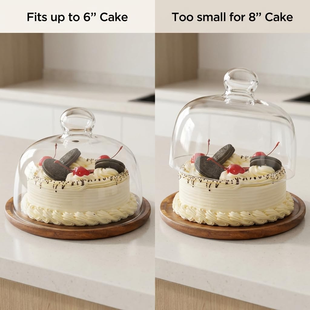 QWORK Glasglocke mit Tablett aus Akazienholz, 17,8 cm Durchmesser, Dessert- und Käse-Displayabdeckung mit Knaufgriff für einfachen Zugriff, vielseitige Servierplatte für Unterhaltung und Dekoration