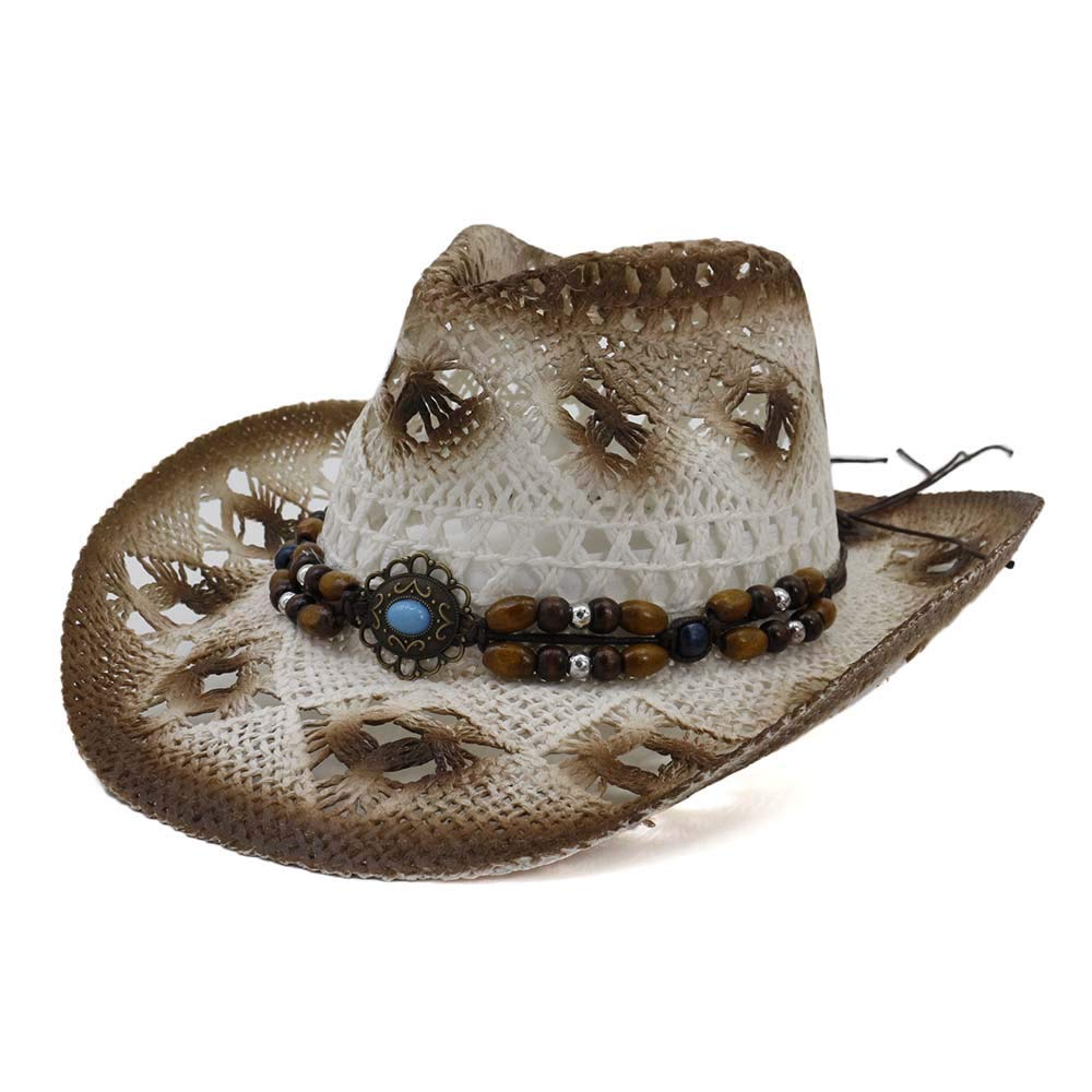 Sombrero de Cowboy de Paja Unisex Sombrero Vaquero Panamá con Banda Cowgirl Hat Sombrero Occidental Sombrero de Playa Sombrero Visera de Verano para Hombre Mujer