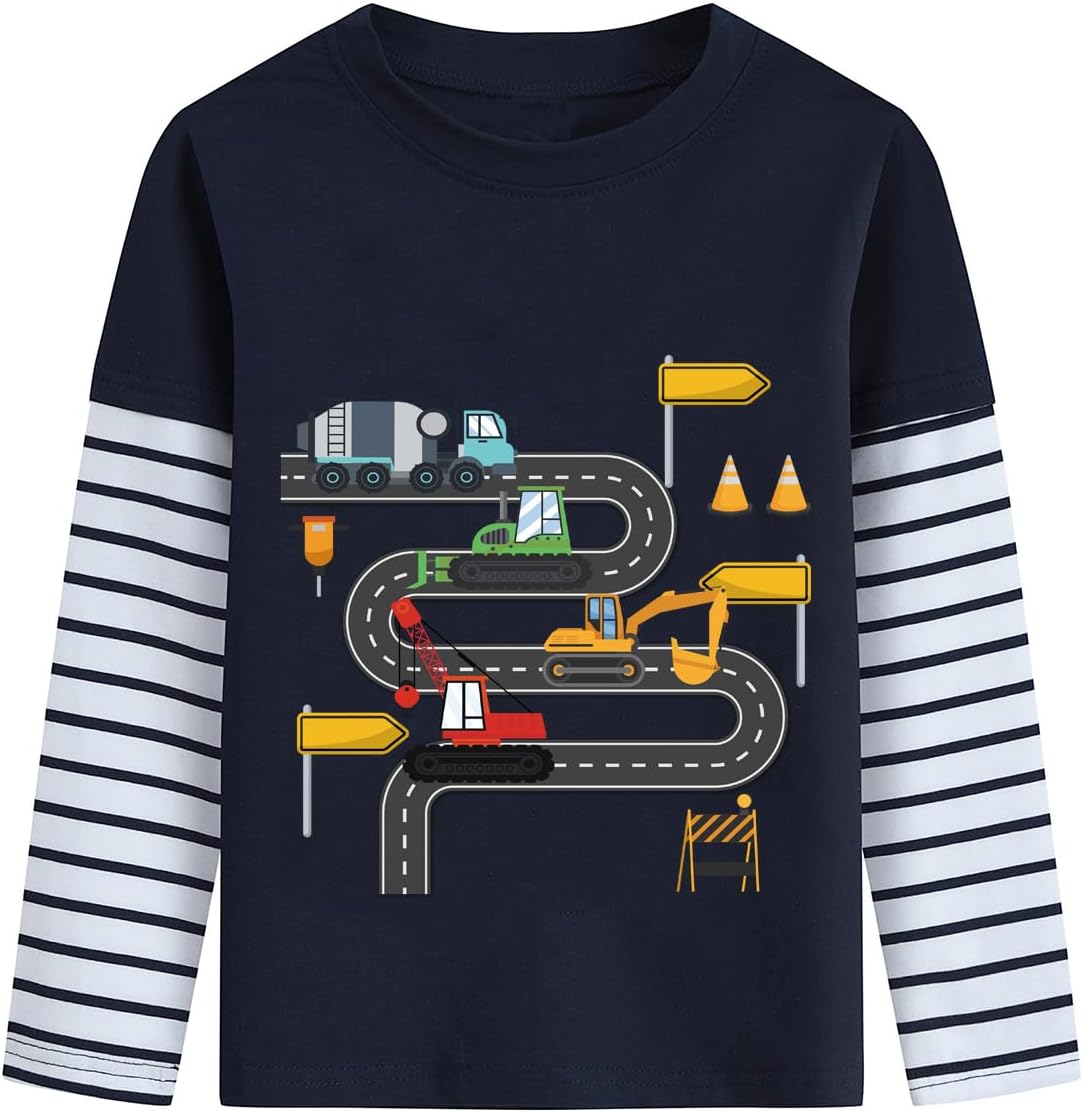 DDSOL Toddler Boy Long Sleeve Shirt Ball Dino Train Planet Excavator Stripe Long Sleeve Tops for Kids 2-7 Years