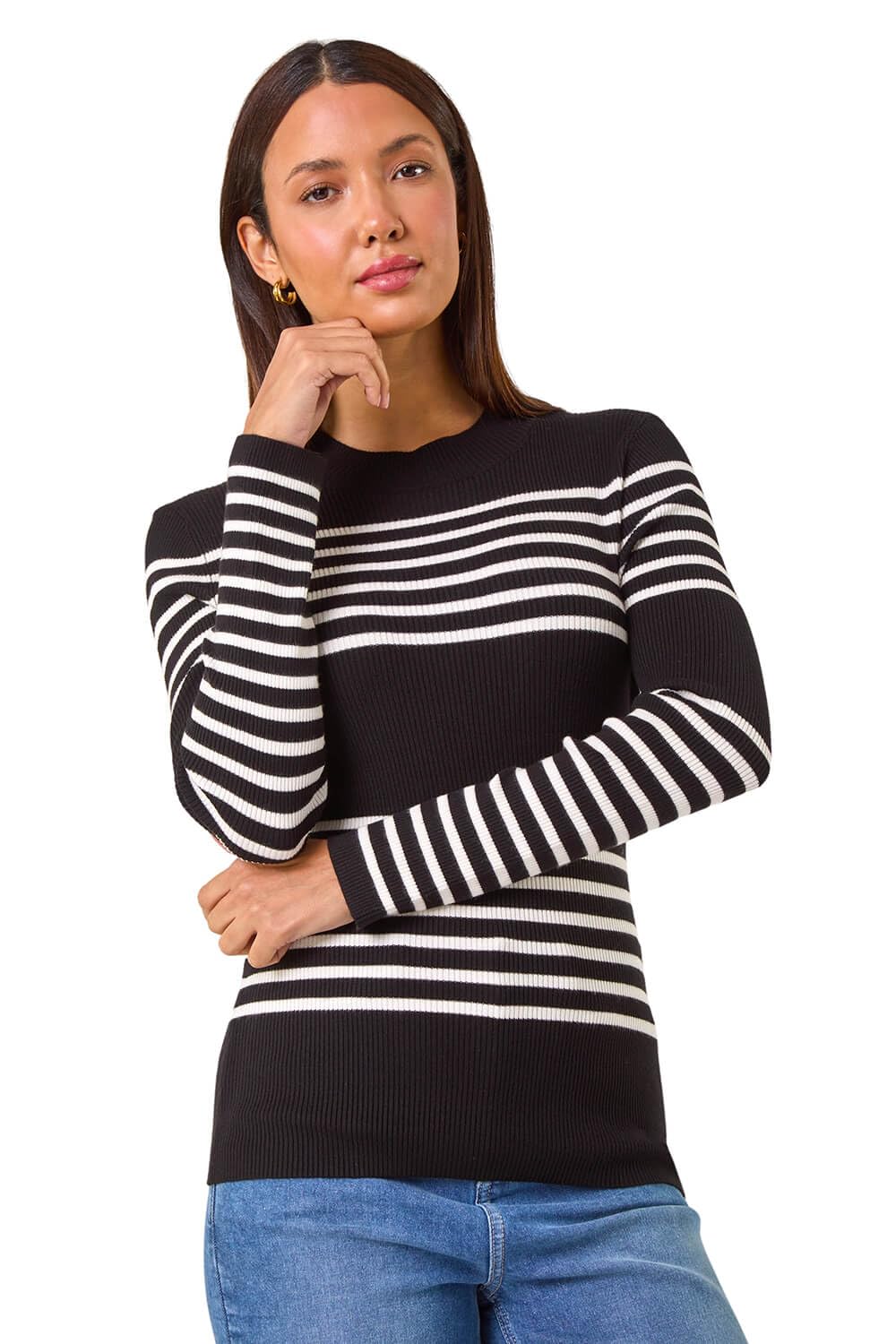 Roman Women's Black Stripe Ribbed Crew Jumper In Size 20