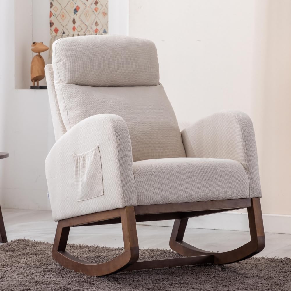 Morhome Modern Tufted Accent Rocking Chair, Upholstered Nursery Glider Rocker with High Backrest for Baby and Kids, Set of 1, Beige-A