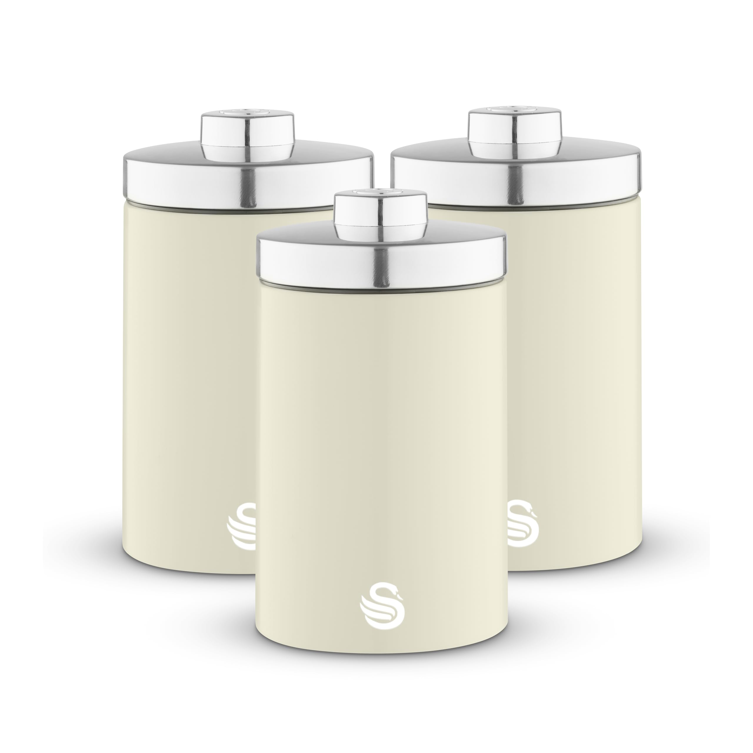 Swan Cream Townhouse Set Of 3 Storage Canisters, Stainless Steel, Airtight Lids, Colour Coated Iron And Chrome Accents, 1.6L,