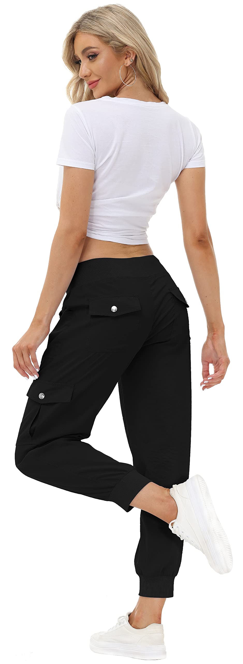 JINSHI Hosen Damen Cargohose Lange Capri Freizeithose Outdoor Jogginghose High Waist mit Kordelzug