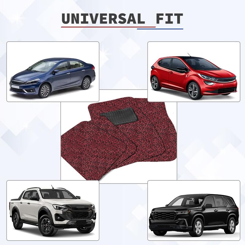 Image of Universal Fit Car Mats for All Cars, Premium Curly Vinyl Rubber Noodle Grass Foot Mat, Stylish 5 Pcs Anti-Skid Curly Car Floor Mats, Dust & Liquid Trapping Built for Comfort (Black Red)