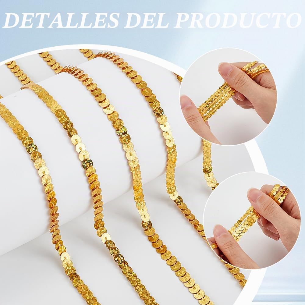 100 yarda de Tiras de Lentejuelas Planas de 6mm con Adornos de Lentejuelas Doradas Hilo de Lentejuelas Metálicas Hilo de Lentejuelas Holográficas con Purpurina para Manualidades Costura Vesti