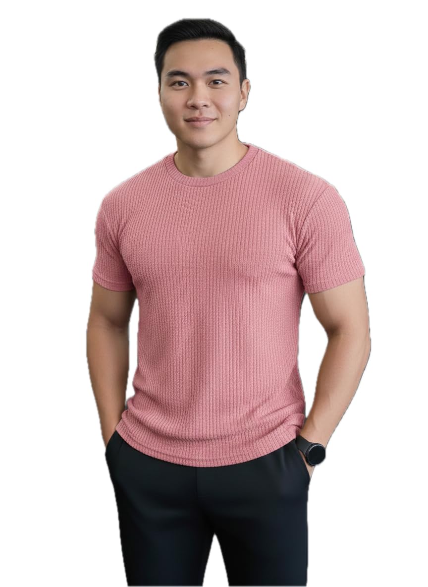 Vero Moda Men's Textured Short Sleeve T-Shirt, Crew Neck Casual Knit Top in neutral