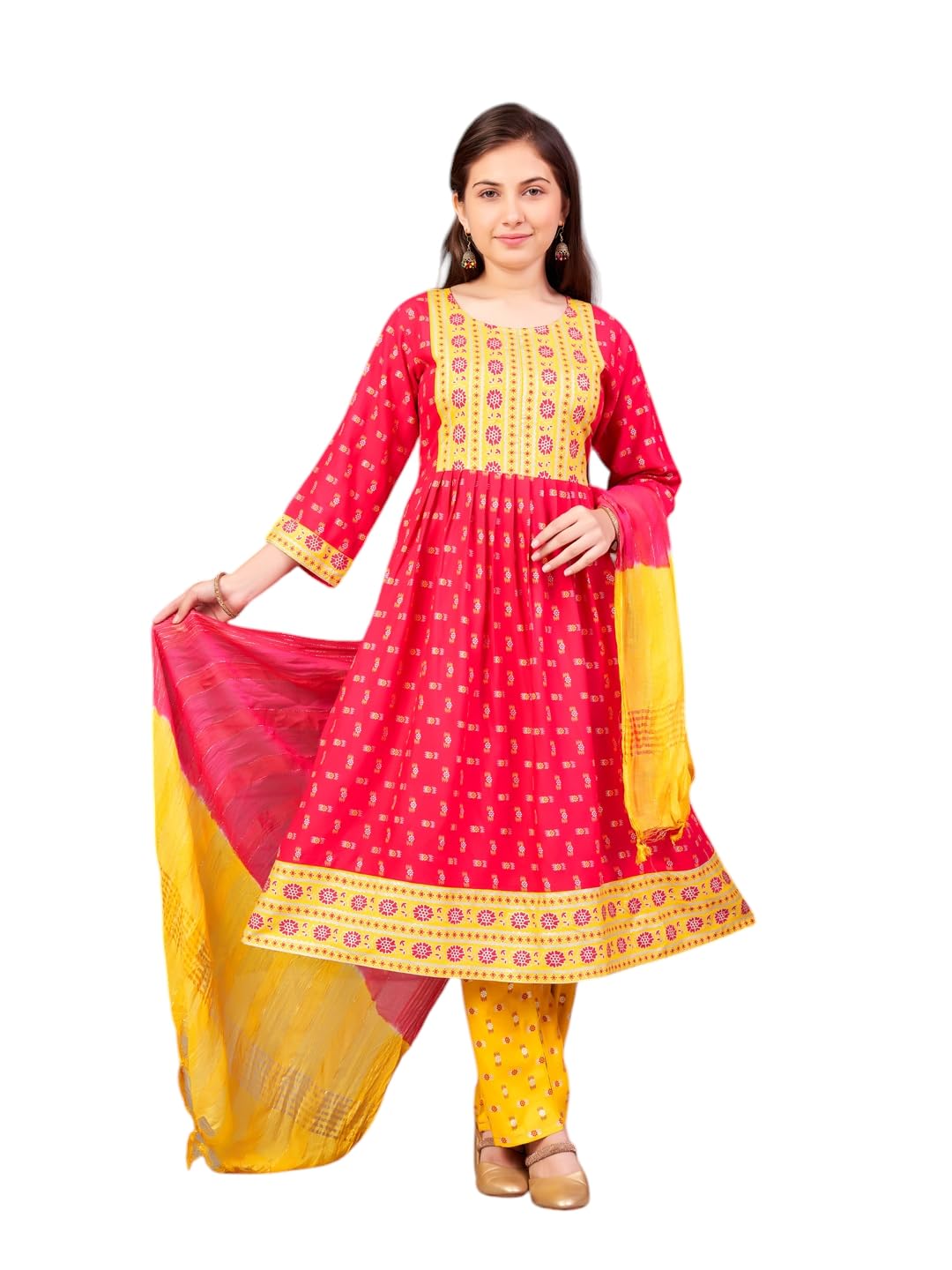 Aarika Girls Ethnic Wear Rani-Yellow Colour Foil Print Rayon Kurti-8-15 Years (Kurti-Ap-803)