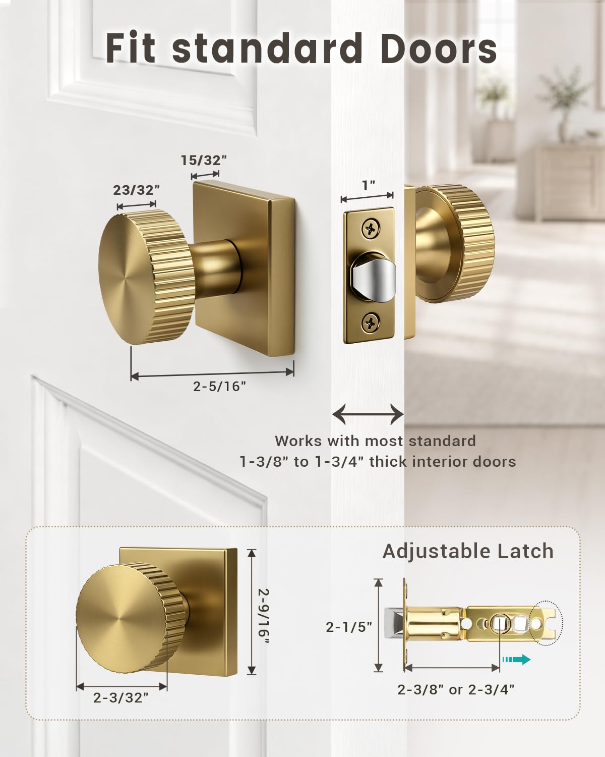 Satin Brass Door Knobs - Keyless Passage Handles -5