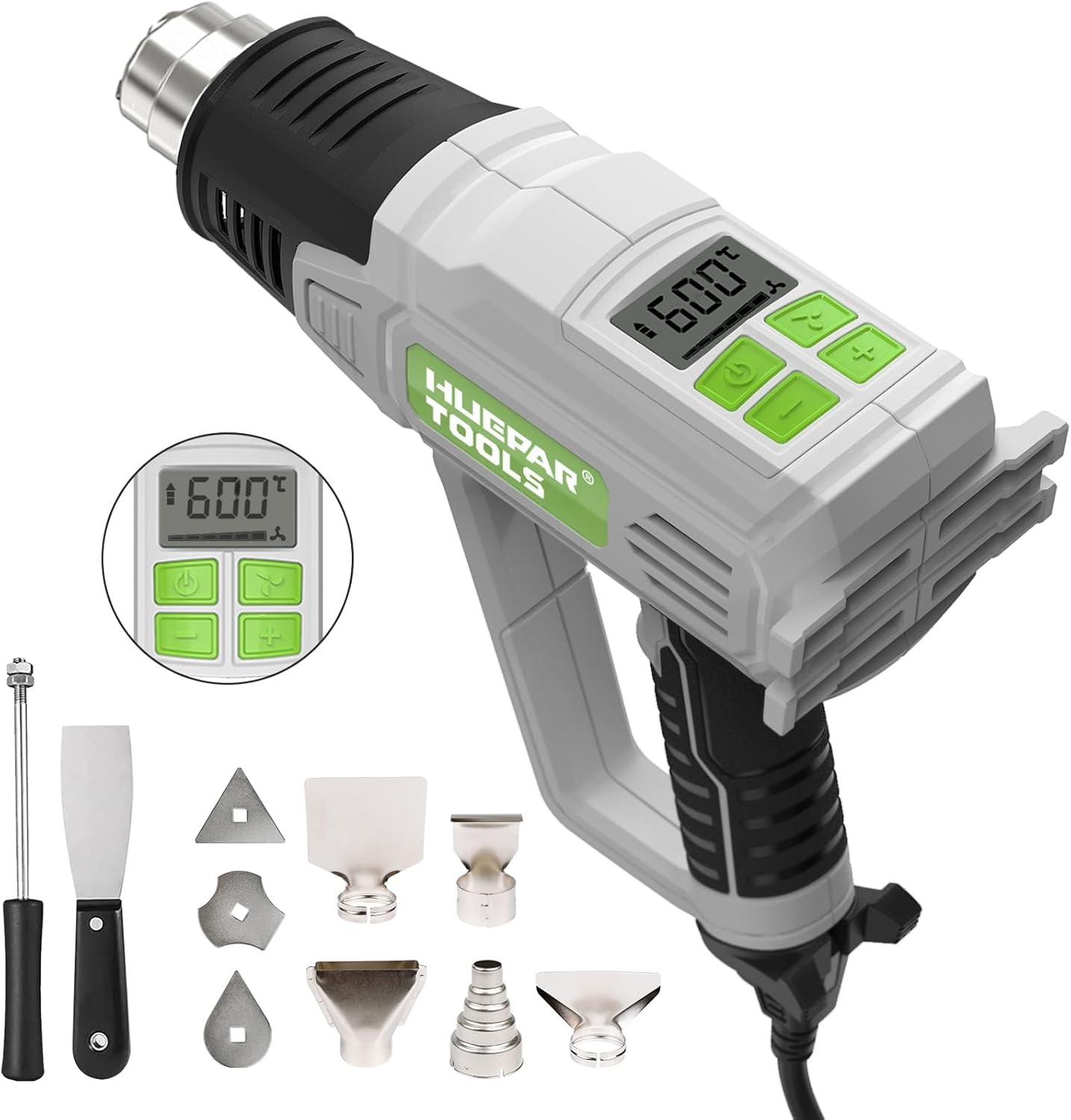 Huepar Tools Heat Gun 10 Accessories Hot Air Gun with LCD Digital Display, 122℉-1112℉(50℃-600℃) Temperature & Air Flow Adjustable, 12.5A, Overload Protection for Crafts, Shrinking PVC, Stripping Paint Huepar Tools Heat Gun 10 Accessories Hot Air Gun with LCD Digital Display, 122℉-1112℉(50℃-600℃) Temperature & Air Flow Adjustable, 12.5A, Overload Protection for Crafts, Shrinking PVC, Stripping Paint