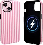 NITITOP Compatible with iPhone 13/14 Case Cute Matte Magnetic Compatible with MagSafe Vertical Striped for Woman Girl Man Boy Hybrid 2 Layers Back Shockproof Protective Cover - Pink