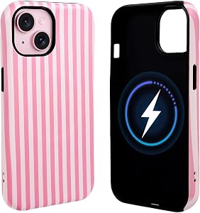 NITITOP Compatible with iPhone 13/14 Case Cute Matte Magnetic Compatible with MagSafe Vertical Striped for Woman Girl Man Boy Hybrid 2 Layers Back Shockproof Protective Cover - Pink