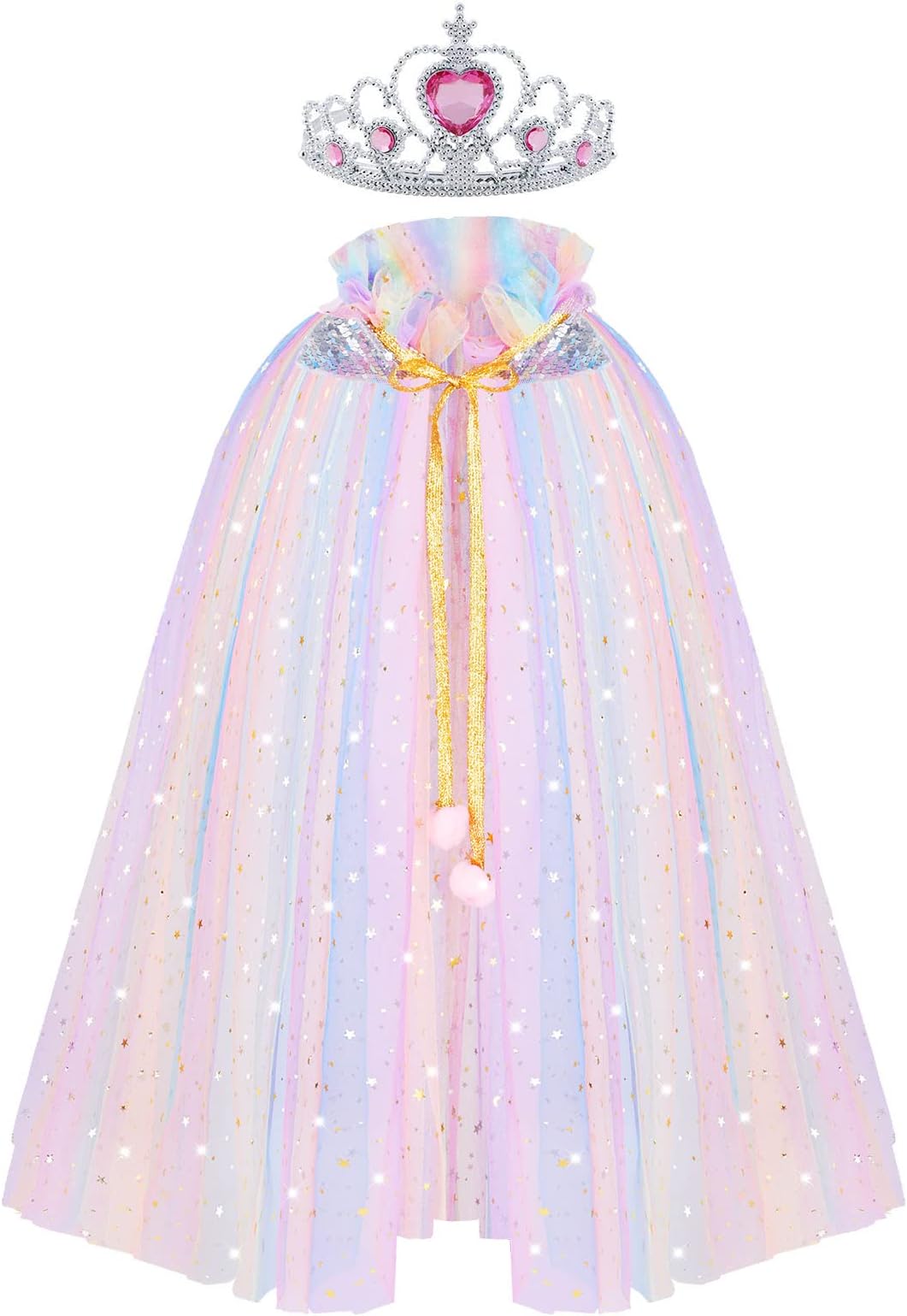 ACWOO Princess Cape for Girls, Colorful Princess Cloak with Crown, Princess Fancy Dress Up Sparkling Sequins Tulle Princess Cape Set for Halloween Birthday Party Cosplay