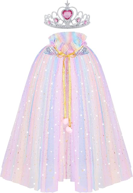 ACWOO Princess Cape for Girls, Colorful Princess Cloak with Crown, Princess Elsa Fancy Dress Up Sparkling Sequins Tulle Princess Cape Set for Halloween Birthday Party Cosplay (Rainbow, M)