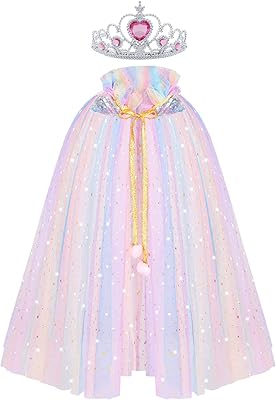 AOOWU Princess Cape for Girls, Colorful Princess Cloak with Crown, Princess Fancy Dress Up Sparkling Sequins Tulle Princess Cape Set for Halloween Birthday Party Cosplay (Rainbow, M)