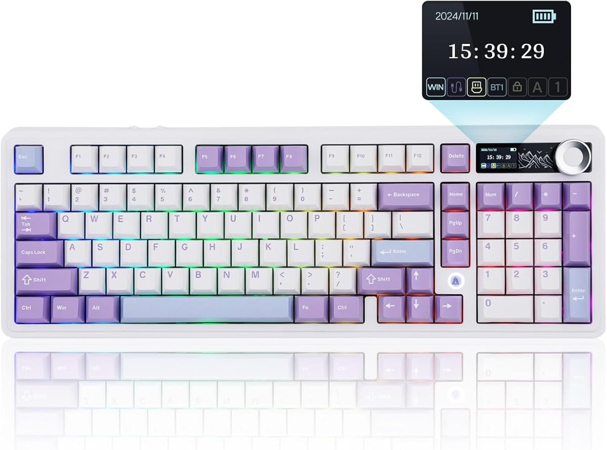 MechLands AJAZZ AK980 Mechanical Gaming Keyboard with Display Screen, 8000mAh Battery, 96% Wireless Keyboard with BT/USB-C/2.4GHz, Hot Swappable, Knob, RGB for Win/Mac (White, Gift V2 Switch)