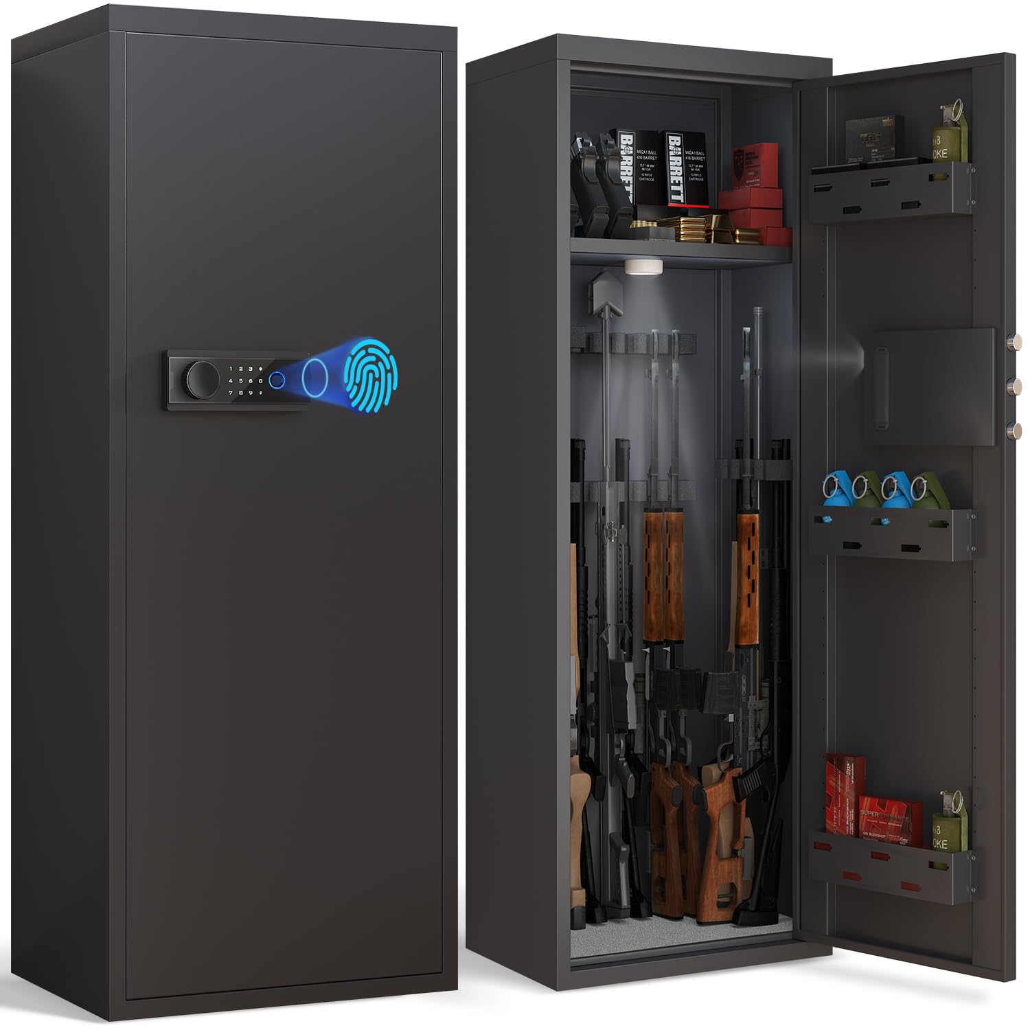Riflevault 10-14 Gun Safe for Shotguns, Large Unassembled Fingerprint Gun Safe for Home Rifle and Pistols with Dual Alarm and Mute Mode, Long Gun Cabinet with Touchscreen Pad, Removable Shelves