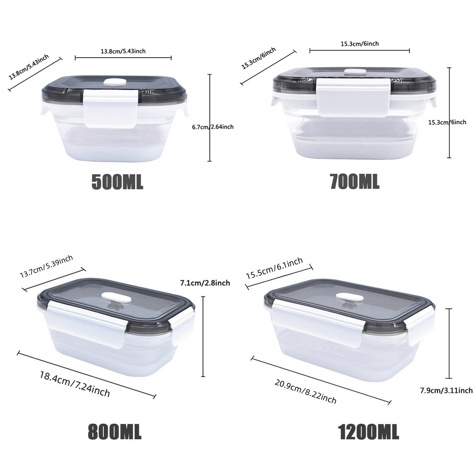 Contenedores plegables para almacenamiento de alimentos con tapa, juego de 4, aptos para microondas, congelador, lavavajillas, sin BPA, a prueba de fugas (rectangulares)
