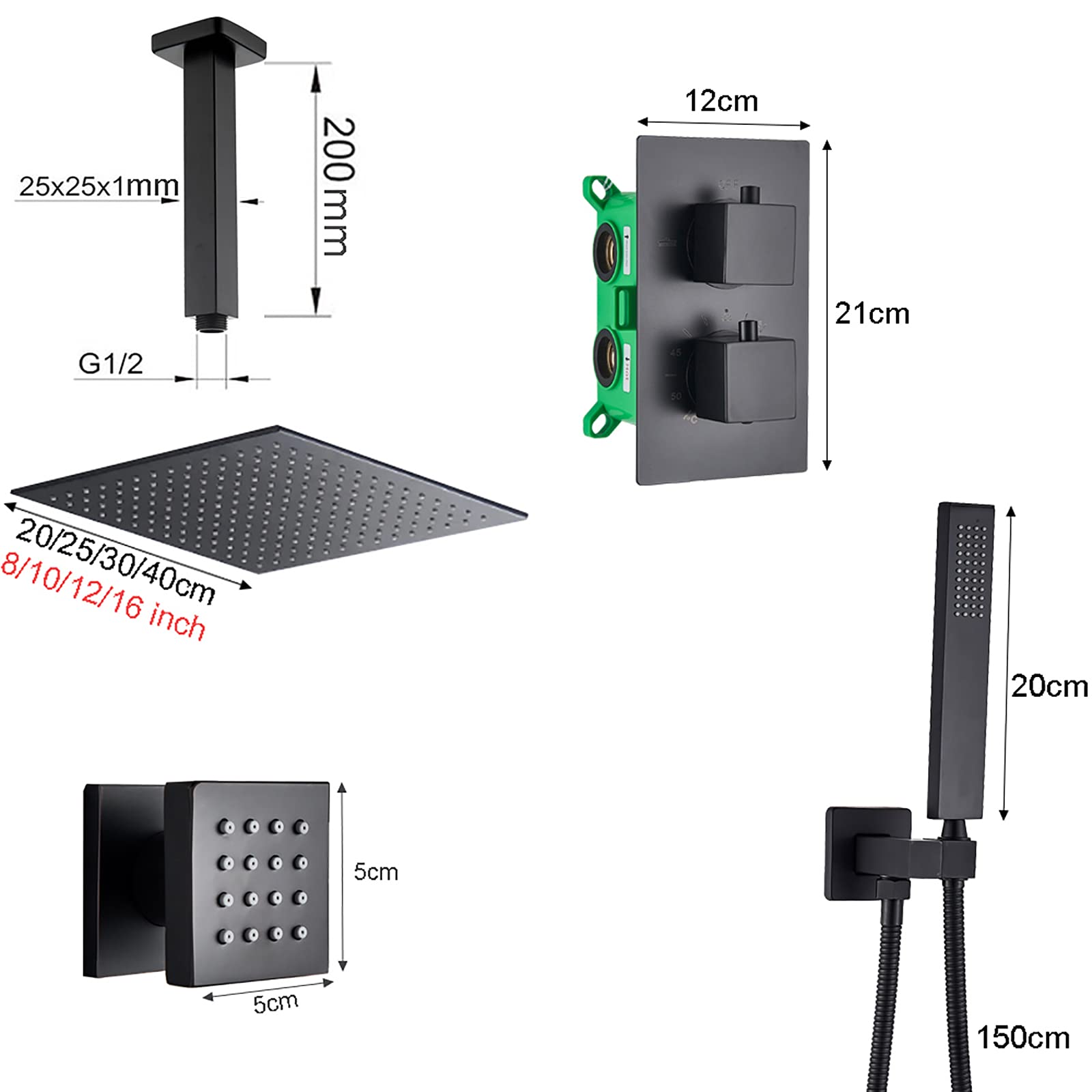 LR Black Rain Shower System Termostatyczny zestaw baterii prysznicowych z 4 dyszami natryskowymi do ciała, montowany na suficie zestaw prysznicowy z mosiężnym mieszaczem deszczowym z głowicą