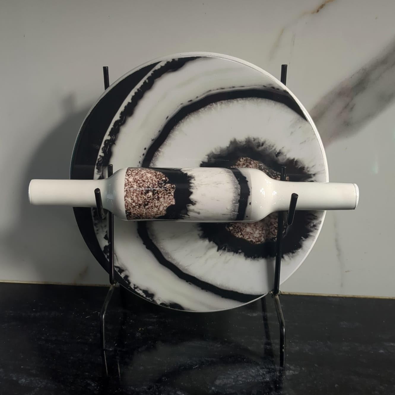 Samyuktha Marble Roti Maker with Wooden Belan Enamel Print/White Marble Chakla 10 Inch Diameter with Belan (Printed Enamel Chakla Belan) (Multicolor 2)