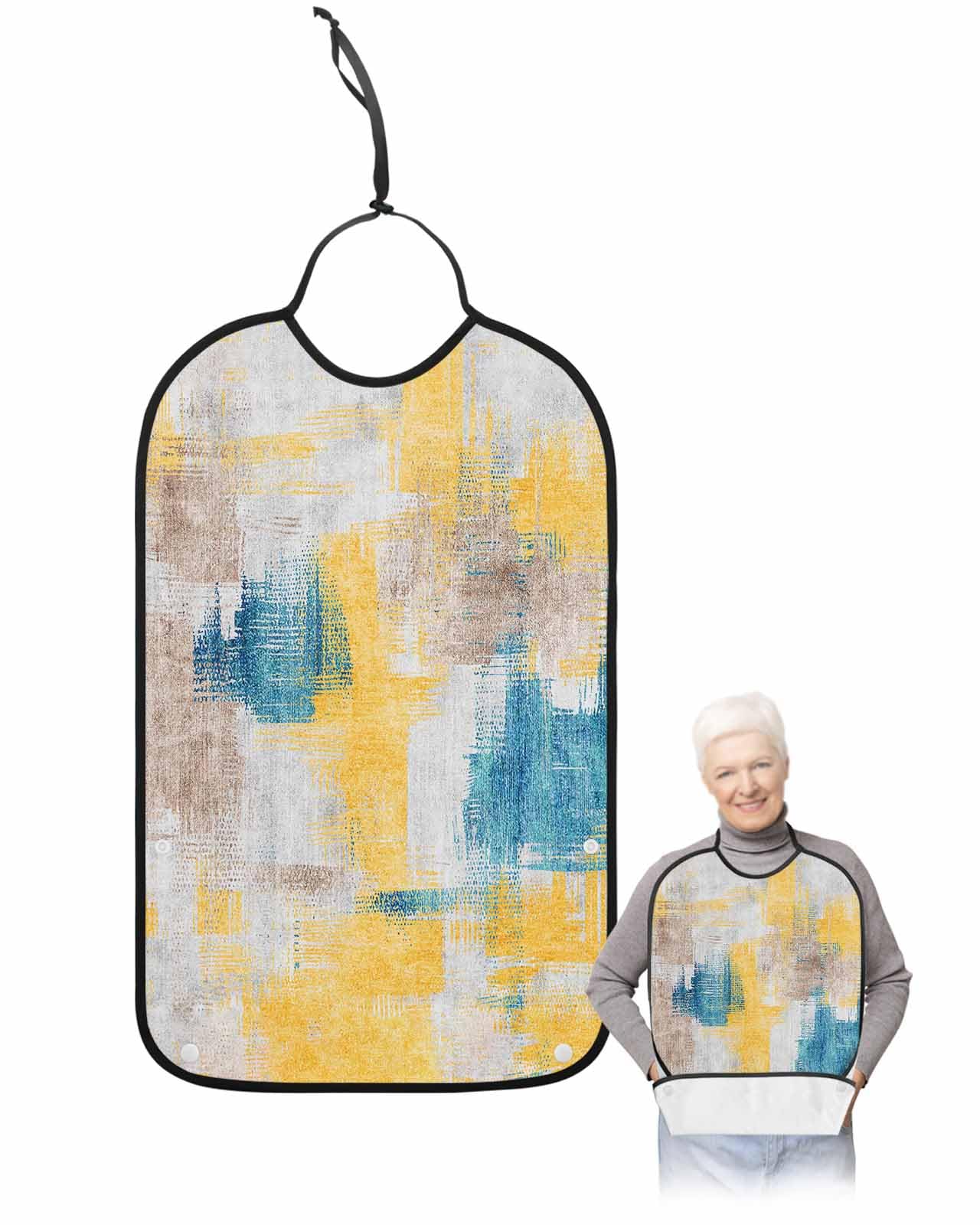 LEOKOTI Yellow Blue Adult Bibs for Eating, Waterproof Bibs with Food Catcher & Adjustable Snap Closure, Middle Century Oil Painting Abstract Washable Clothing Protectors Adult Bibs for Elderly