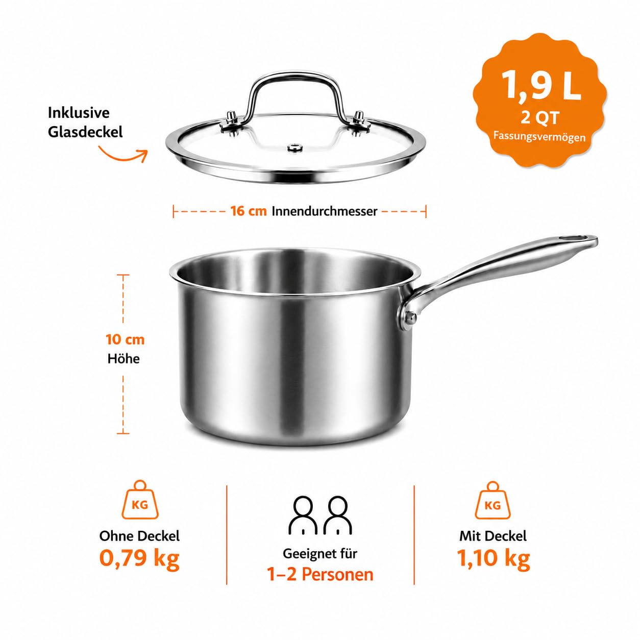 DELARLO Stielkasserolle 16 cm, 1,9 L Kochtopf mit Glasdeckel | Durchgehend 3-lagige Konstruktion, Gleichmäßiges Erhitzen, für alle Herdarten, Kühlbleibender Griff & Spülmaschinenfest