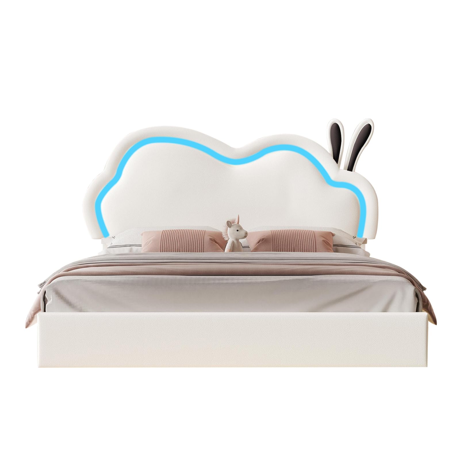 LUXOAK Hasen Kinderbett 140x200cm mit LED-Lichtern, Leder Polsterbett Weiß | Wolken-Kopfteil mit Hasenohren | höhenverstellbar + steuerbare LED | sicheres schwebendes Design | bis 360kg belastbar