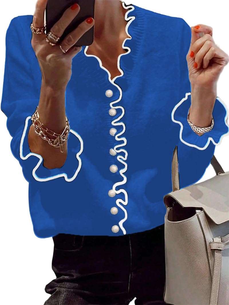 Womens Pearl Embellished Pullover Sweaters Elegant Ruffle Jumper Top Fall Fashion Clothes 2025