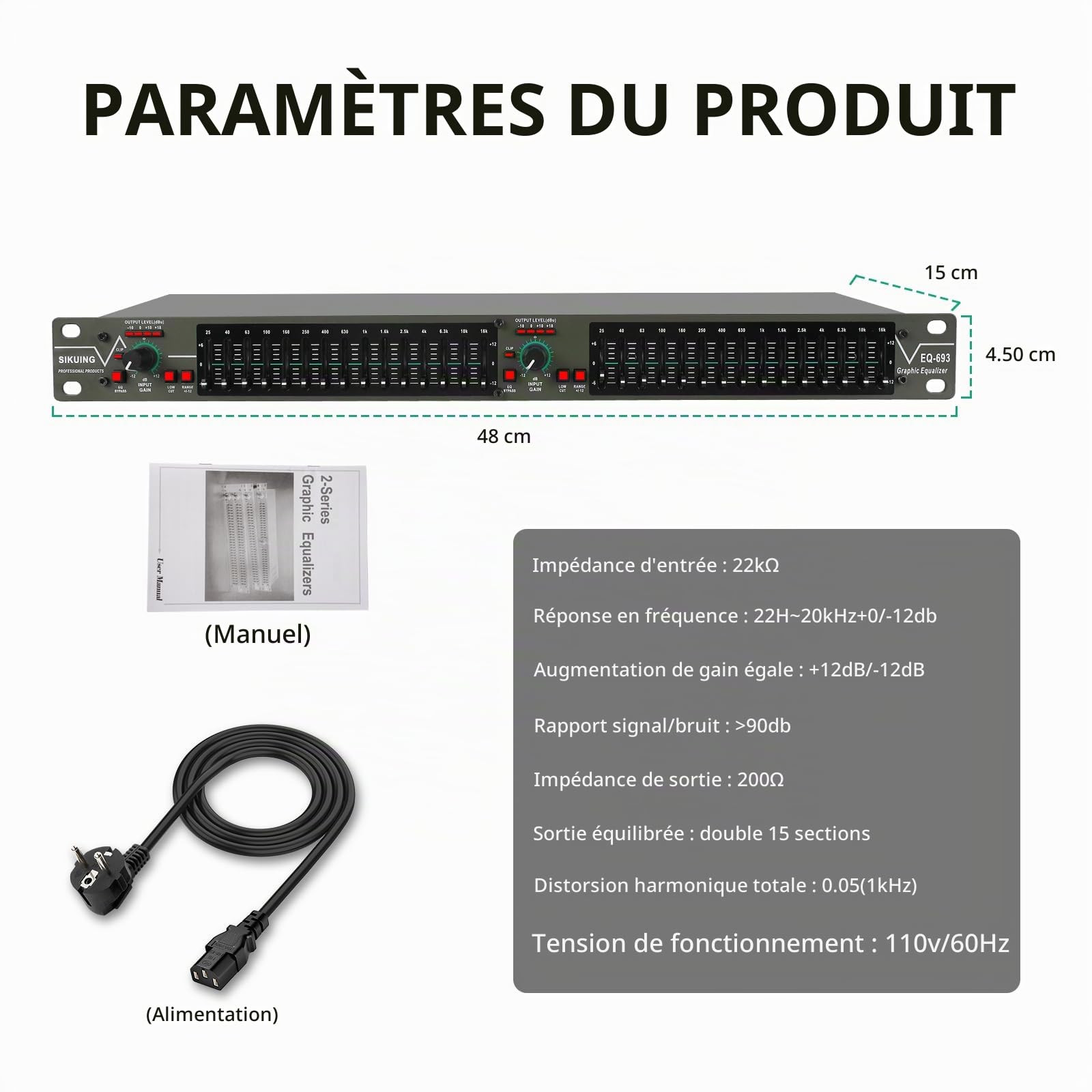 égaliseur graphique stéréo à 15 bandes, égaliseur 2 canaux professionnel pour DJ avec suppression du bruit pour home cinéma, fête, scène et studio (montable en rack) EQ-693