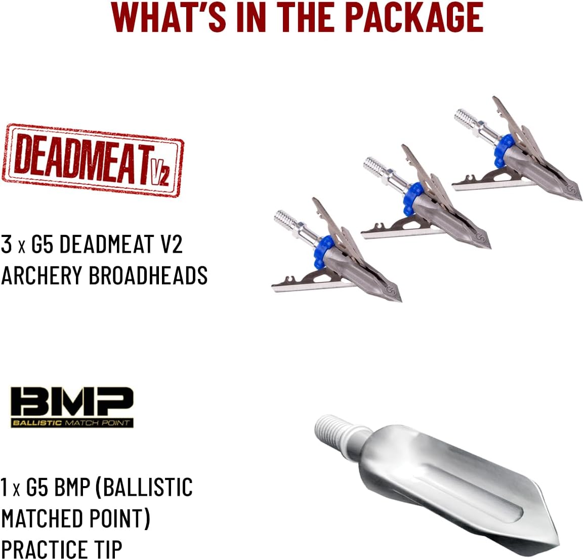 G5 Deadmeat V2 Expandable 3-Blade Broadheads | 3-Pack | 100/125 Grains | Razor Sharp 1.5" Cutting Diameter Mechanical Blades | Screw in | Compound & Recurve Compatible | 1 BMP Practice Tip Included