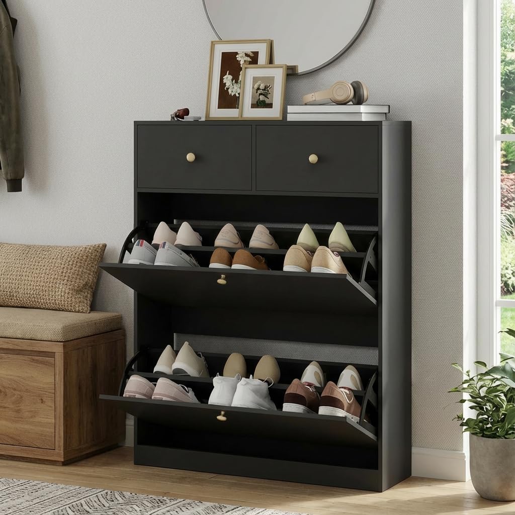 YOURLITE Schuhschrank Schmal,Schuhkipper,2 Klappen & 2 Schubladen,Schwarz | Platzsparender Schuhkipper Holz,Schuhkommode,Trennwand Verstellbar,für Flur,Eingang,Diele,Wohnzimmer,80x24x106cm