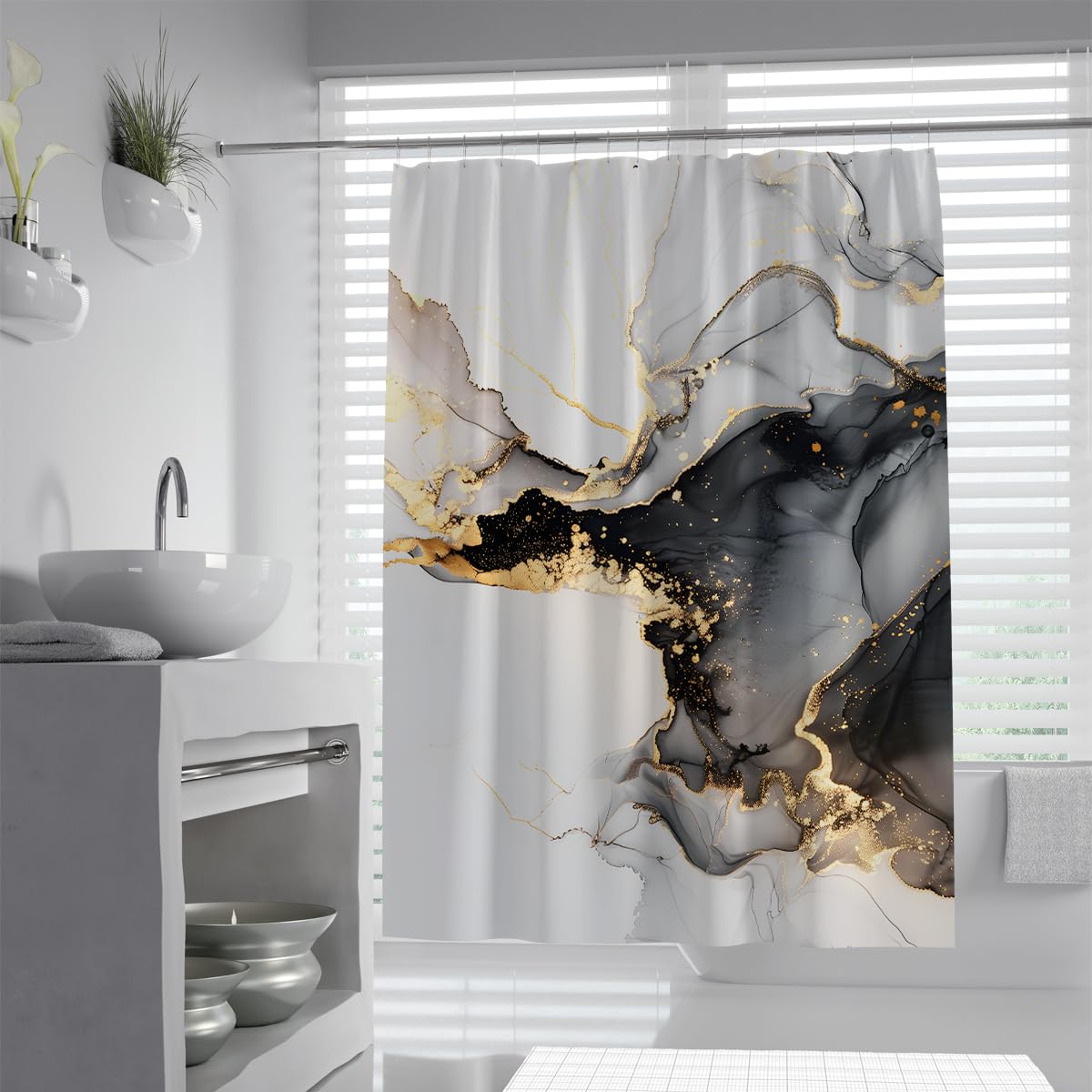 Rideau de Douche marbre Blanc Noir Or Moderne W150xL200 cm