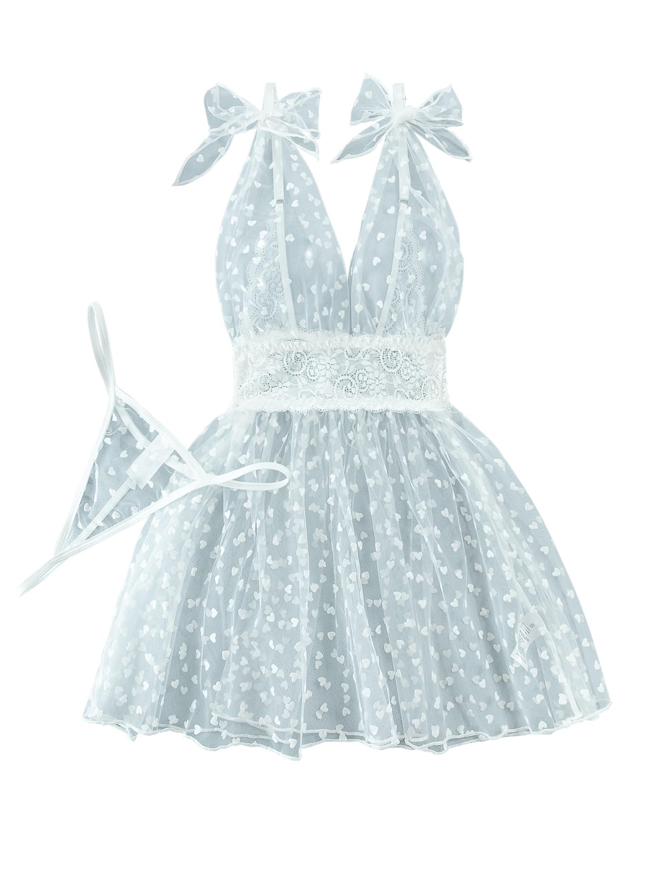 Lilosy Sexy Polka Dots Mesh Sheer Lace Babydoll Chemise Lingerie Set Floral Sleep Wear: Small Heart White