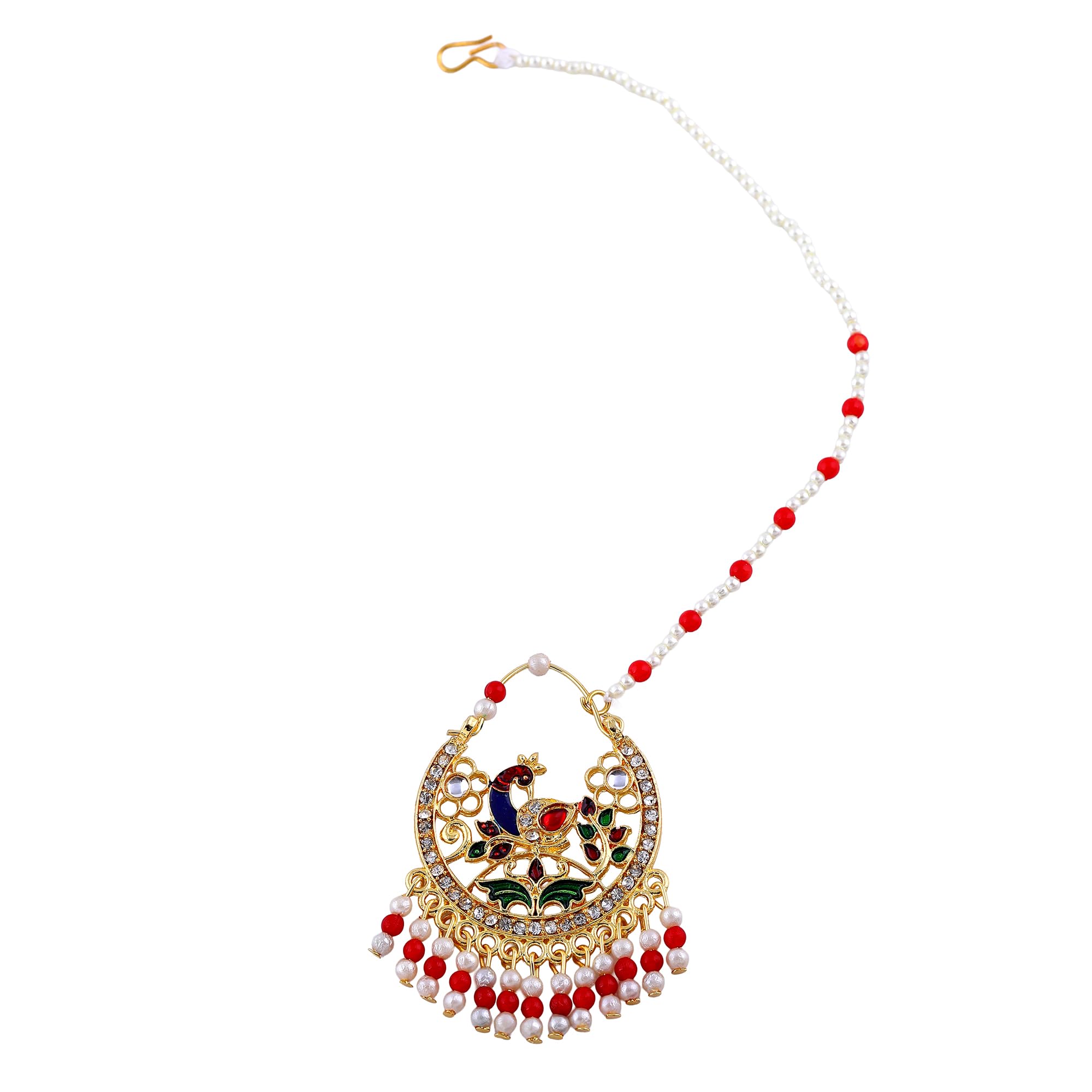 Traditional Peacock Nose Ring with Pearl & Red Bead Chain|Gold Plated Nath for Women|Bridal Ethnic Jewelry – OSSP-0515-IGMC N-RING-image-49