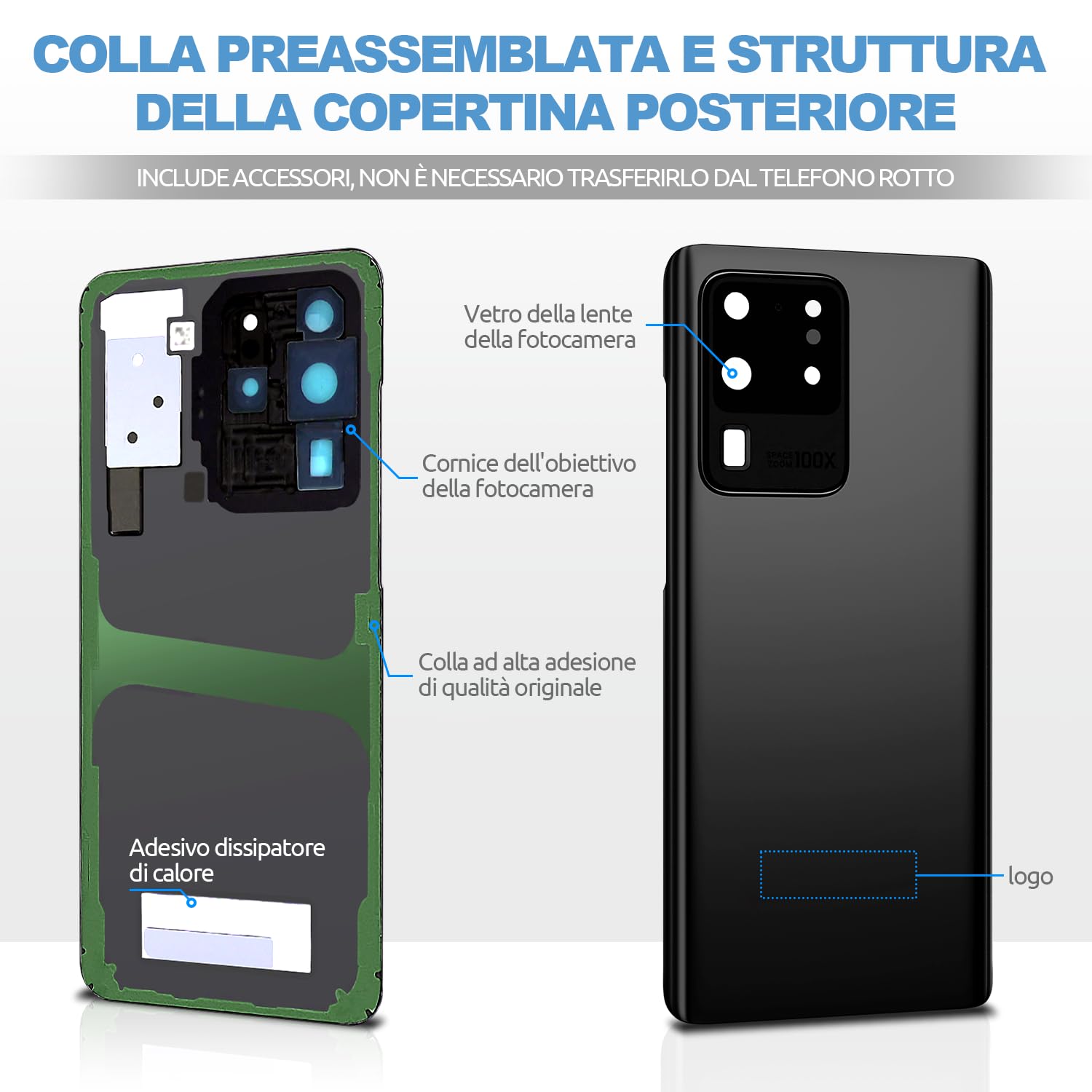 Vetro Posteriore per Samsung Galaxy S20 Ultra G988, Nero | Qualità originale scocca vetro posteriore copribatteria back cover cover posteriore back glass con lente fotocamera kit.