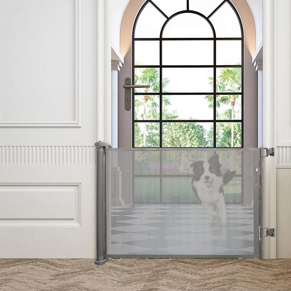Barrera de seguridad escalera retráctil para bebés y perros, barrera de seguridad retráctil para bebé 0-150/180 cm, 85 cm de altura, operación con una sola mano (gris, 86 x 180 cm)