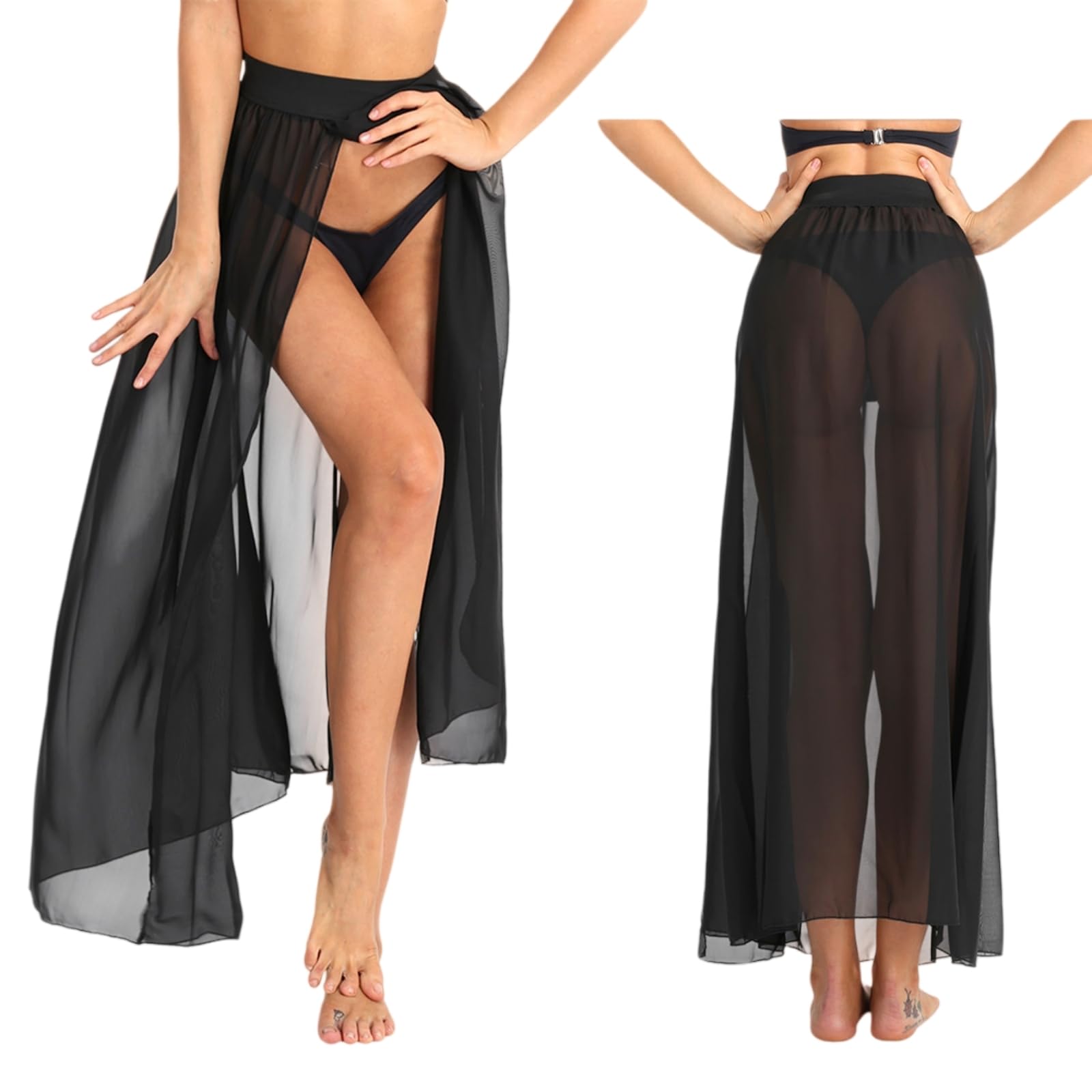 Robe De Plage Femmes Sexy Sheer Voir À Travers des Jupes Maxi en Mousseline Haute Jupe Longue Saillie Transparente Bikini Couvrir Les Fonds Pool Party Club-White-l
