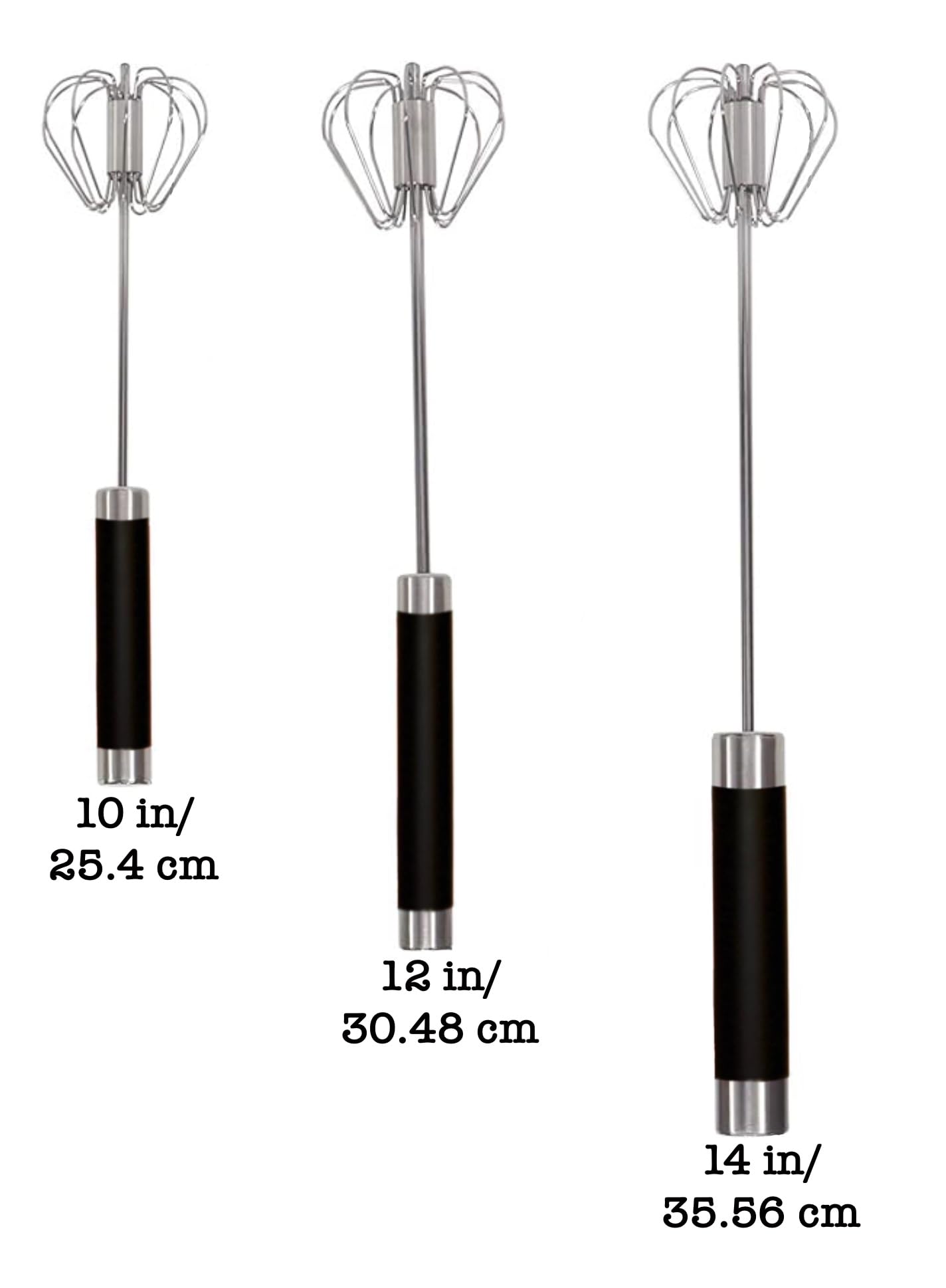 Stainless Steel Semi-Automatic Whisks to Beat, Stir, and Mix (3 Pack, 3 Sizes, All Black, Easy Grip)