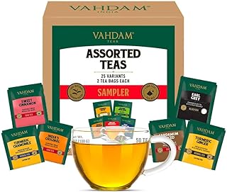 VAHDAM, Assorted Tea Sampler Gift Set (25 Flavors, 50 Count) Gluten Free Tea Variety Pack - Green Tea, Herbal Tea, Black Tea, Chai Tea & More | Long Leaf Tea Bags Variety Pack | Gifts for Women & Men