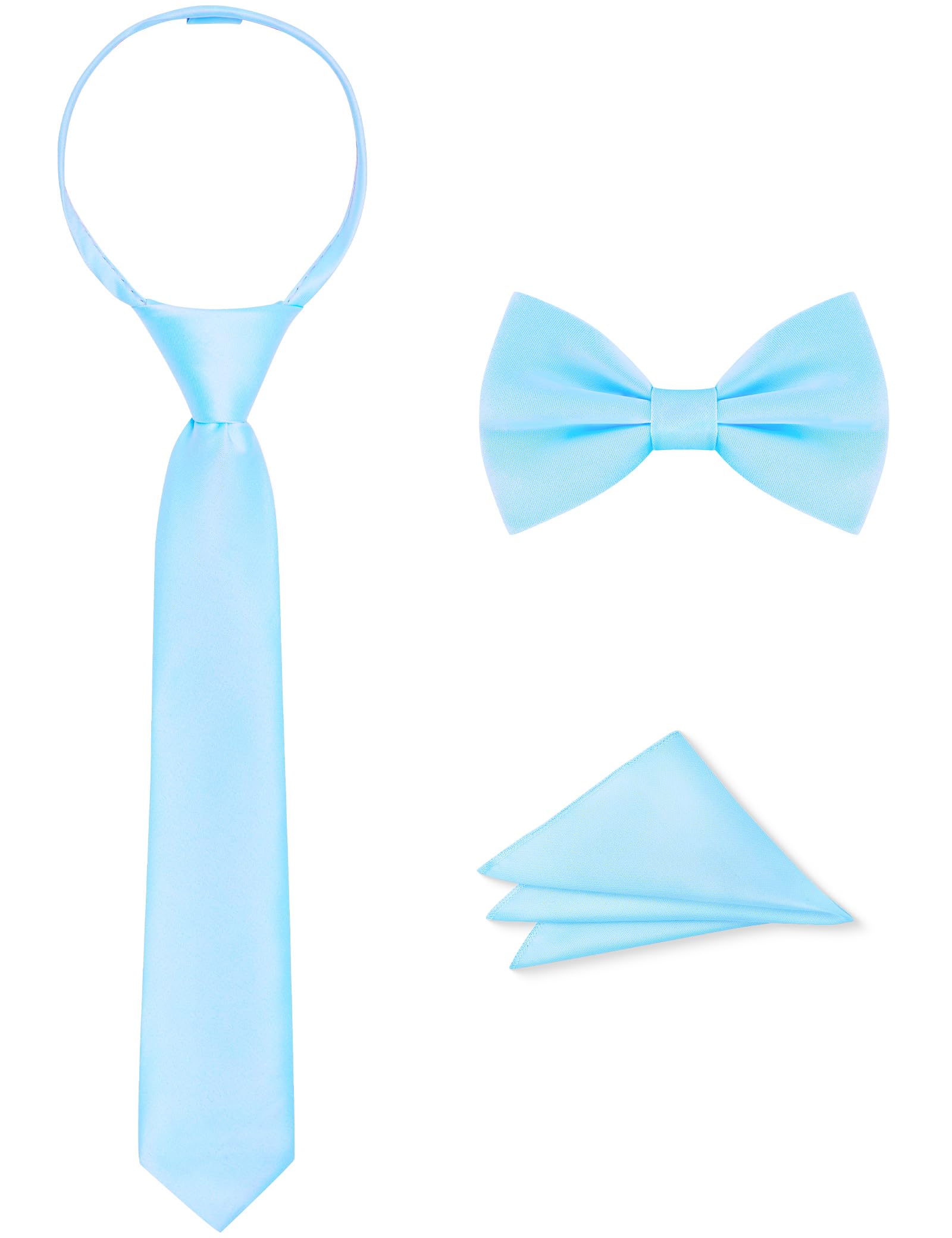 Boys Tie Set, Bow Tie &amp; Pre-Tied Zipper Necktie, Pocket Square