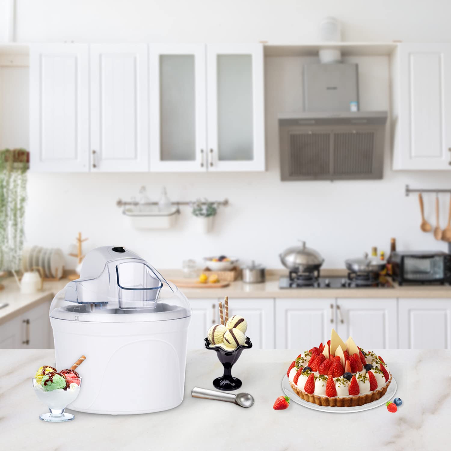 Vpcok Gelatiera da 1,5 l senza compressore per 2-4 persone in 30 minuti gelato fatto in casa in acciaio inox con contenitore per ghiaccio rimovibile incluso ricettario